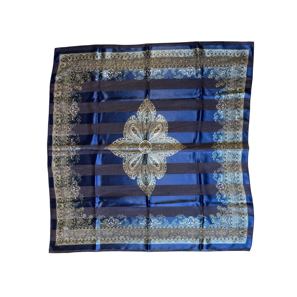Elegant Royal Blue Silk Feel Striped‎ Paisley Square Scarf Gold Medallion 40x40